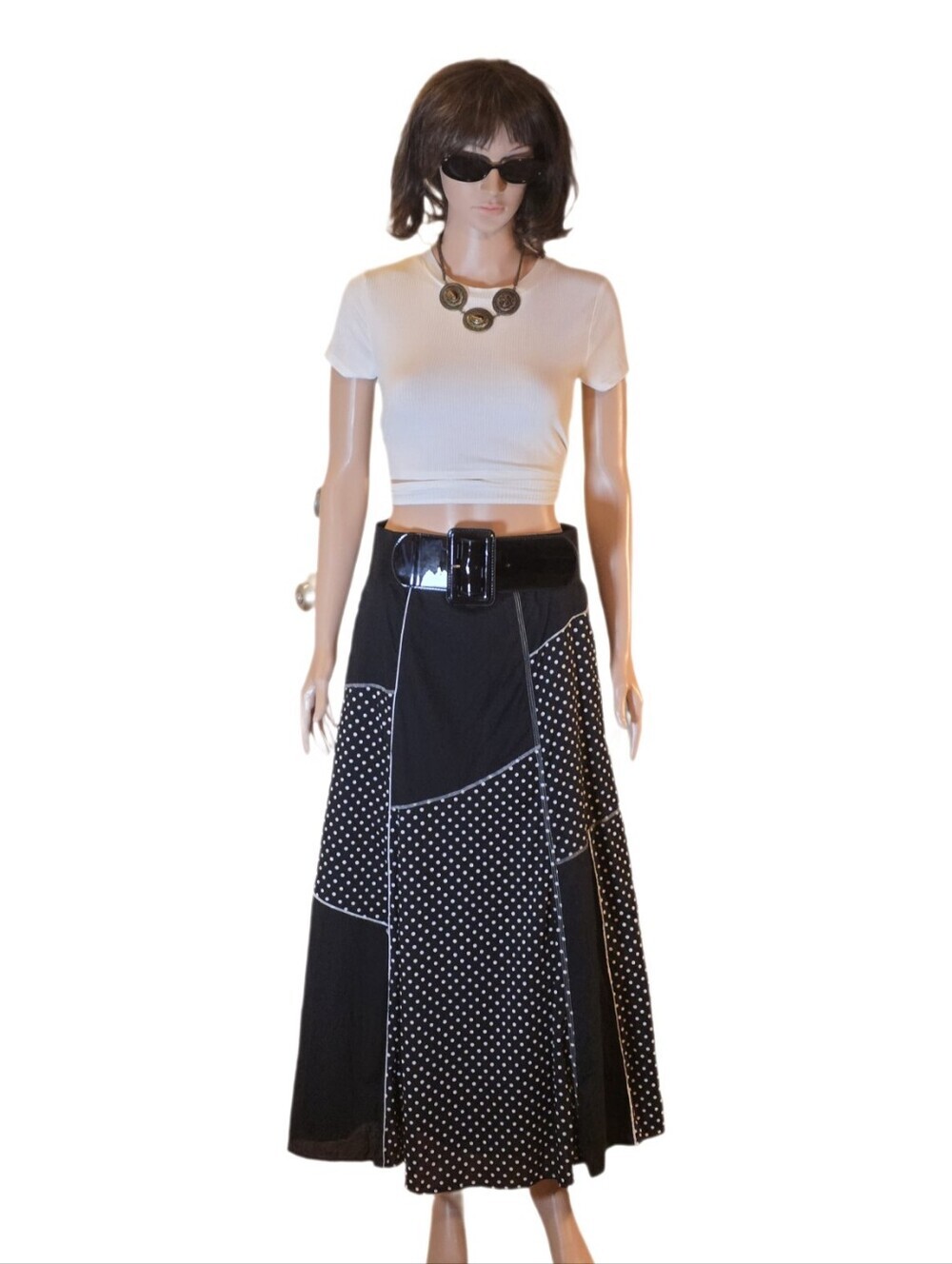 Chico's Vintage Black White Patchwork Polka Dot Maxi Skirt Size 1 M Medium